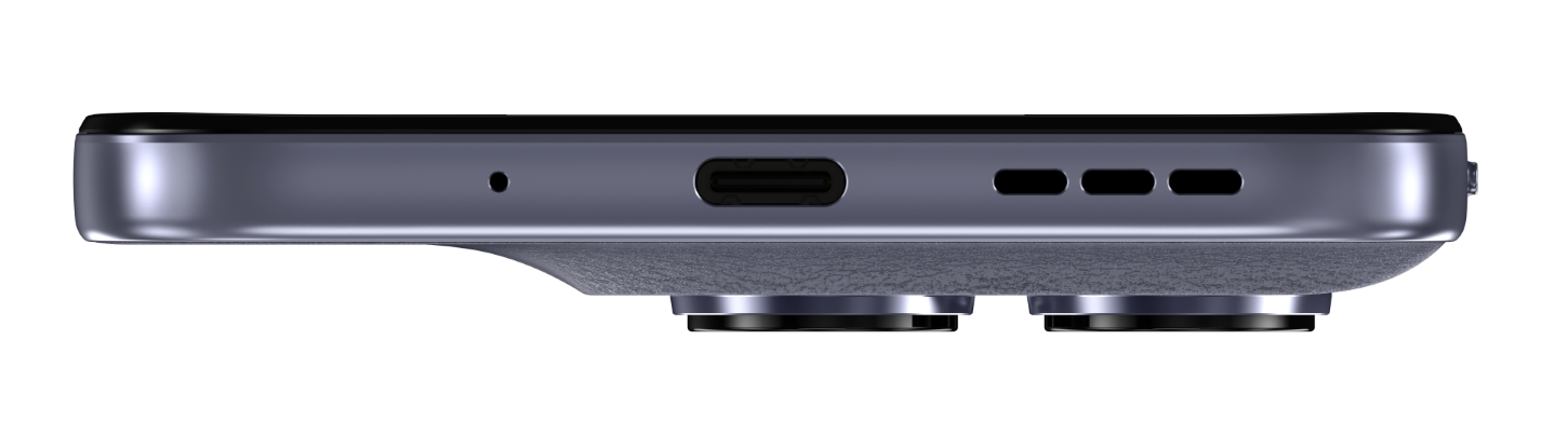 Smartfon z portem USB-C, mikrofonem i otworami głośników.