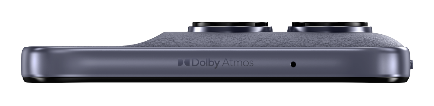 Zbliżenie boku smartfona z logo Dolby Atmos i dwoma obiektywami.
