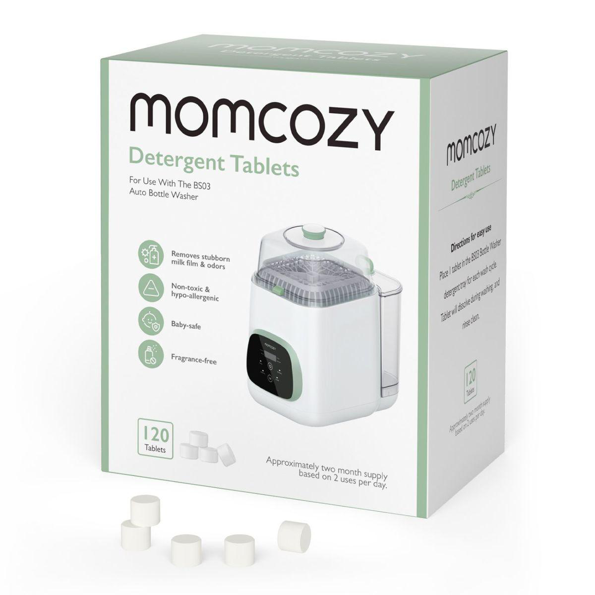Verpackung von MOMCOZY Reinigungstabletten mit Flaschenwaschmaschine und Tabletten.