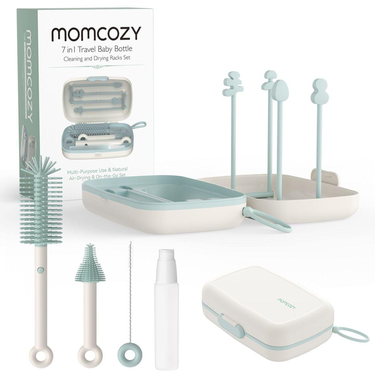 Momcozy Reiseflaschen-Reinigungsset mit Trockengestell, Bürsten und Flasche.