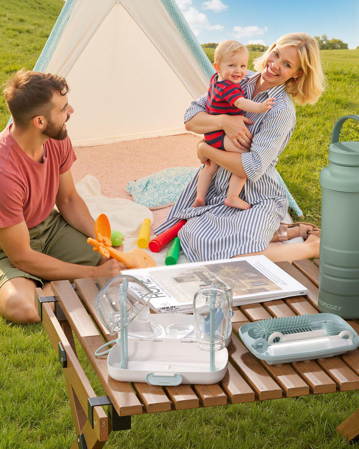 Familie genießt Picknick unter einem Zelt, Baby wird gehalten. Tisch mit Flaschenbürsten.