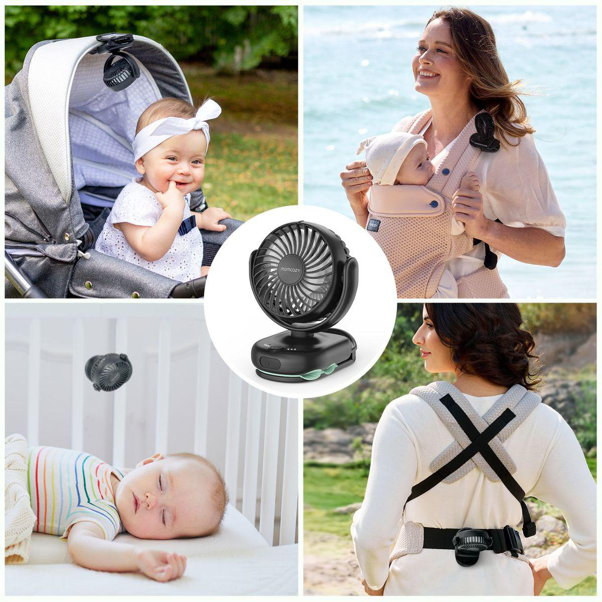 Collage zeigt Babys mit kleinen, tragbaren Ventilatoren in Kinderwagen, Babytragen und Kinderbetten.