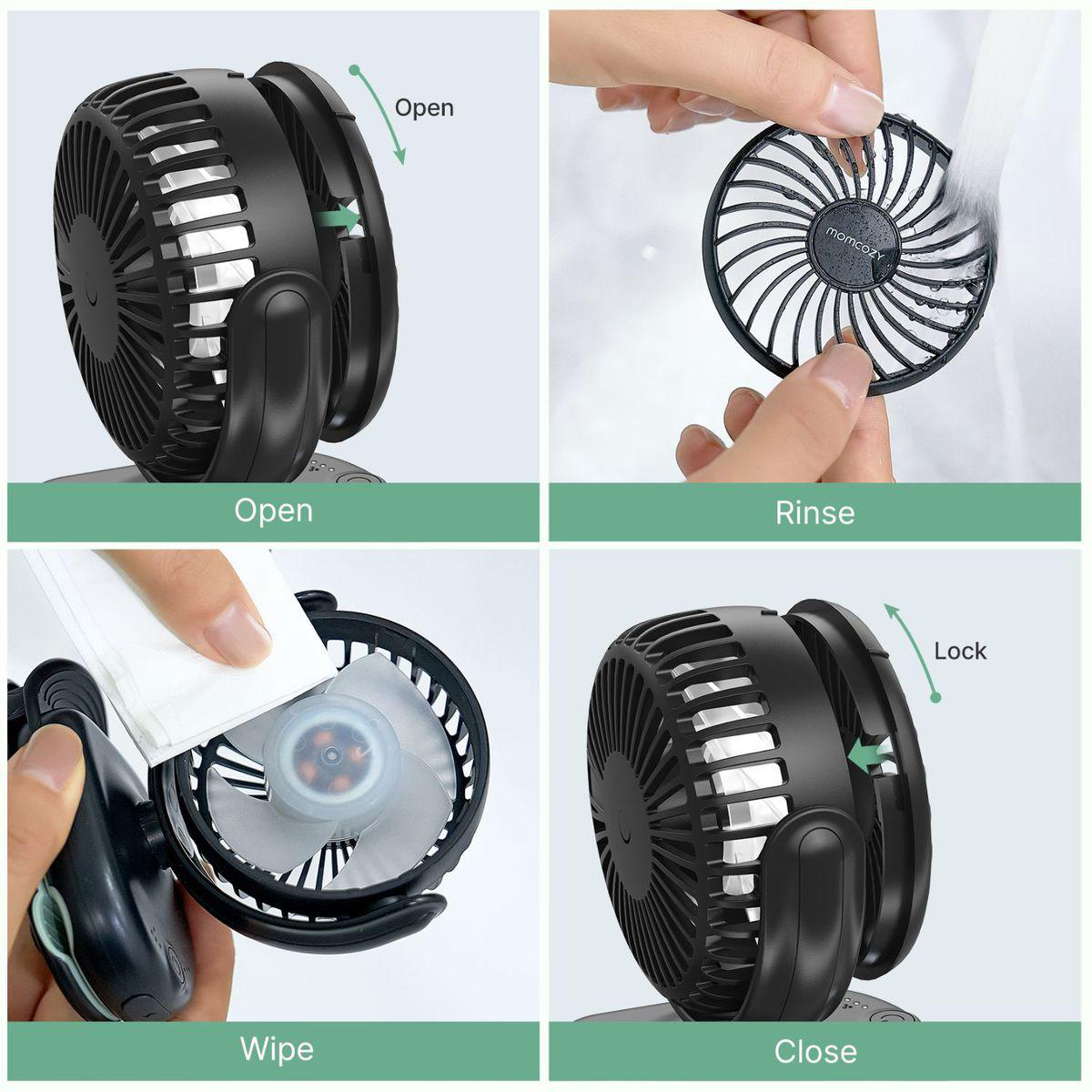 Schwarz, kleiner Ventilator: öffnen, spülen, wischen, schließen.