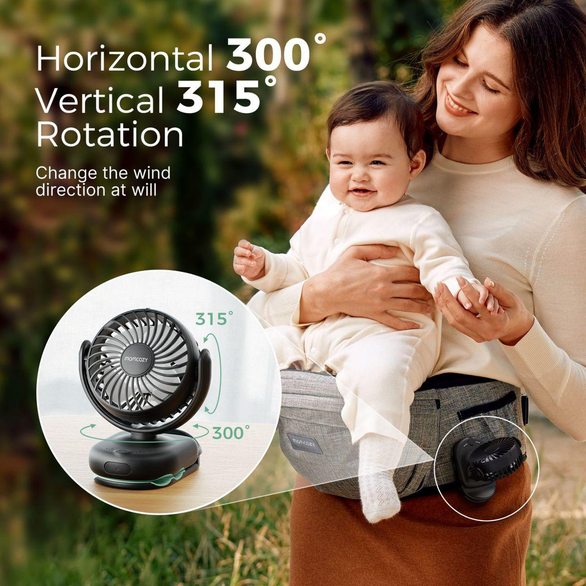 Frau mit Baby, tragbarer Ventilator mit 300° horizontaler und 315° vertikaler Rotation.