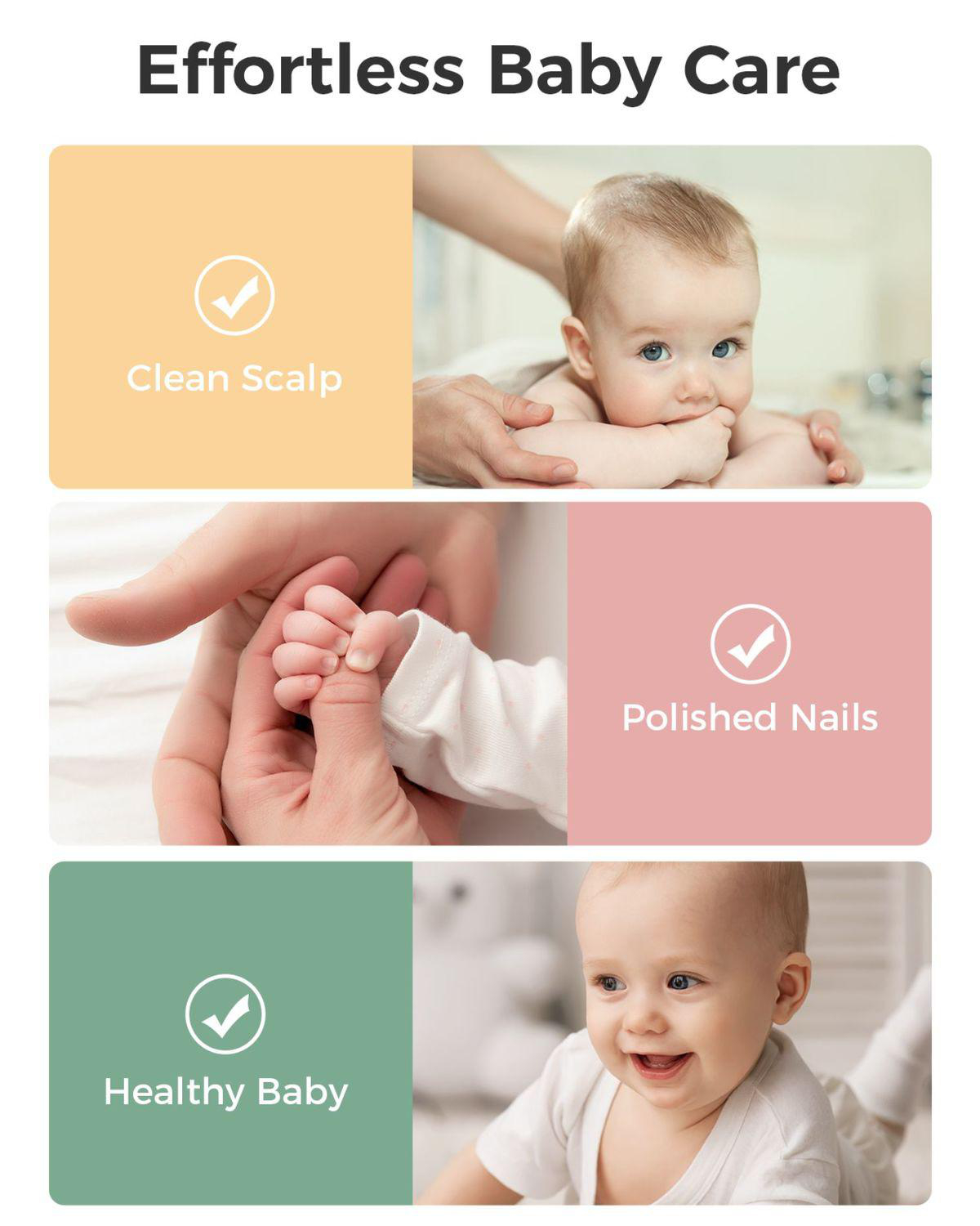 Ein Baby mit blauen Augen liegt auf dem Bauch. Daneben Text: Clean Scalp, Polished Nails, Healthy Baby.