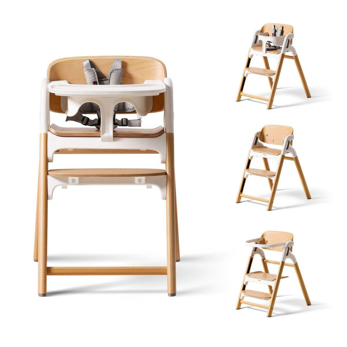 Ein hölzerner Hochstuhl mit weißem Sitz und Tablett, zusammen mit drei kleineren Ansichten.
