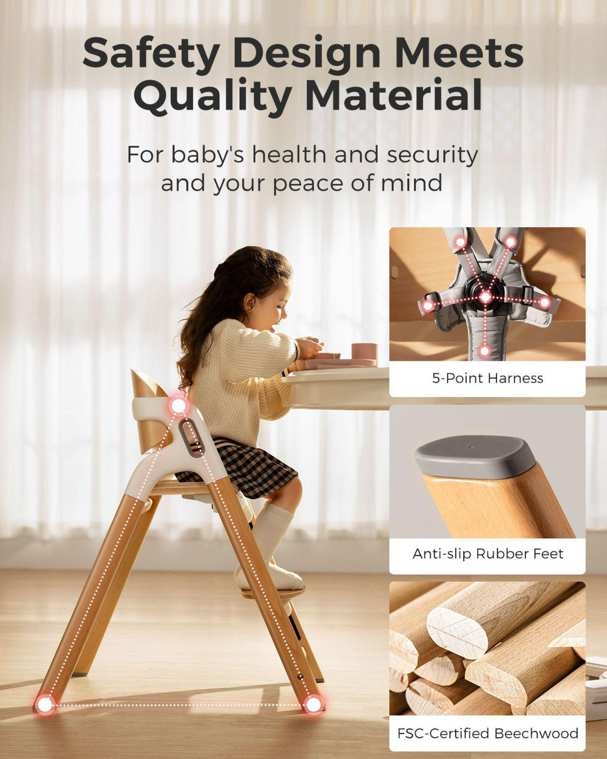Ein Mädchen sitzt auf einem Hochstuhl, daneben Details zu Gurten, Füßen und Holz.