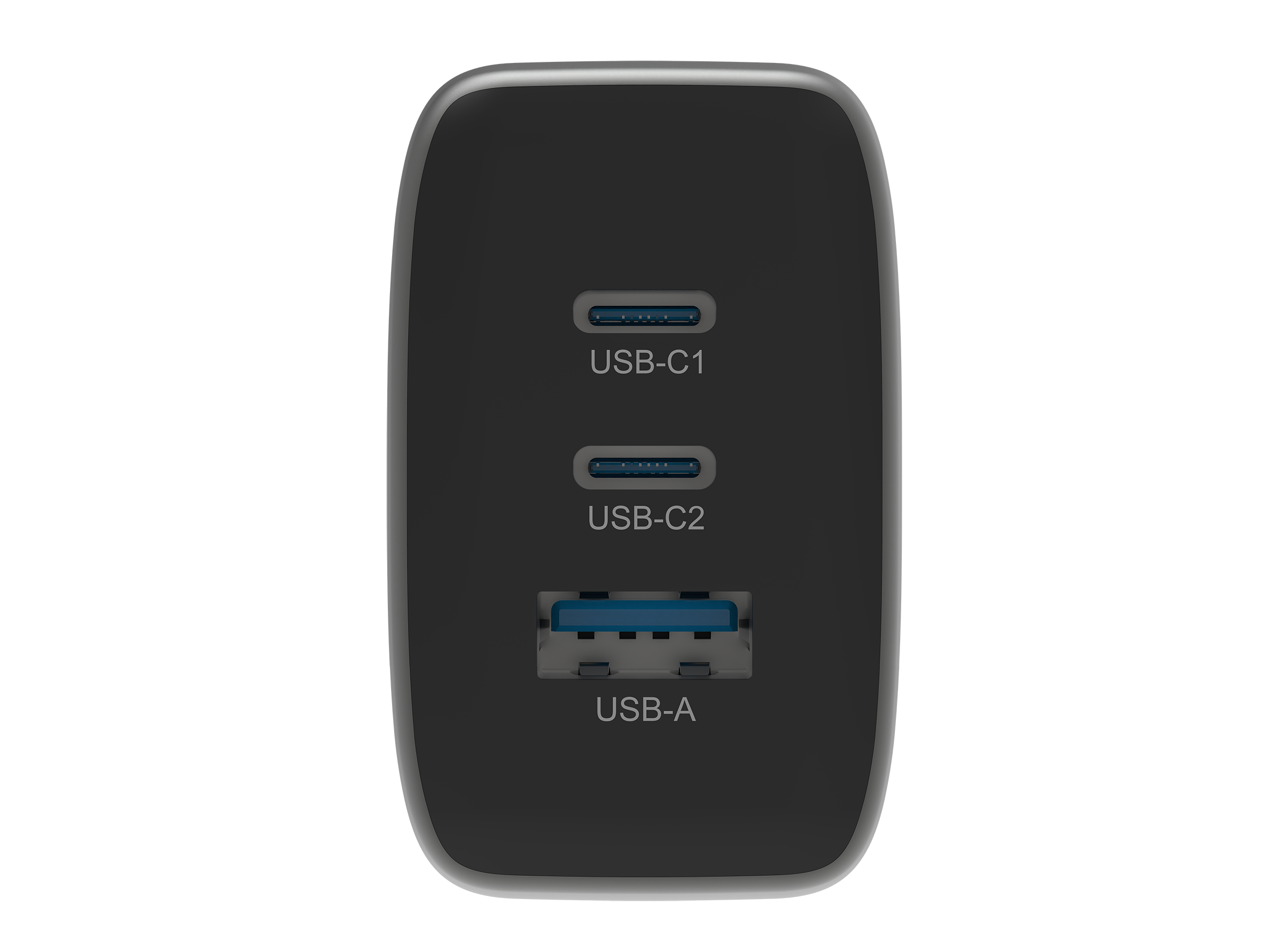 Czarna ładowarka USB z dwoma portami USB-C i jednym USB-A.
