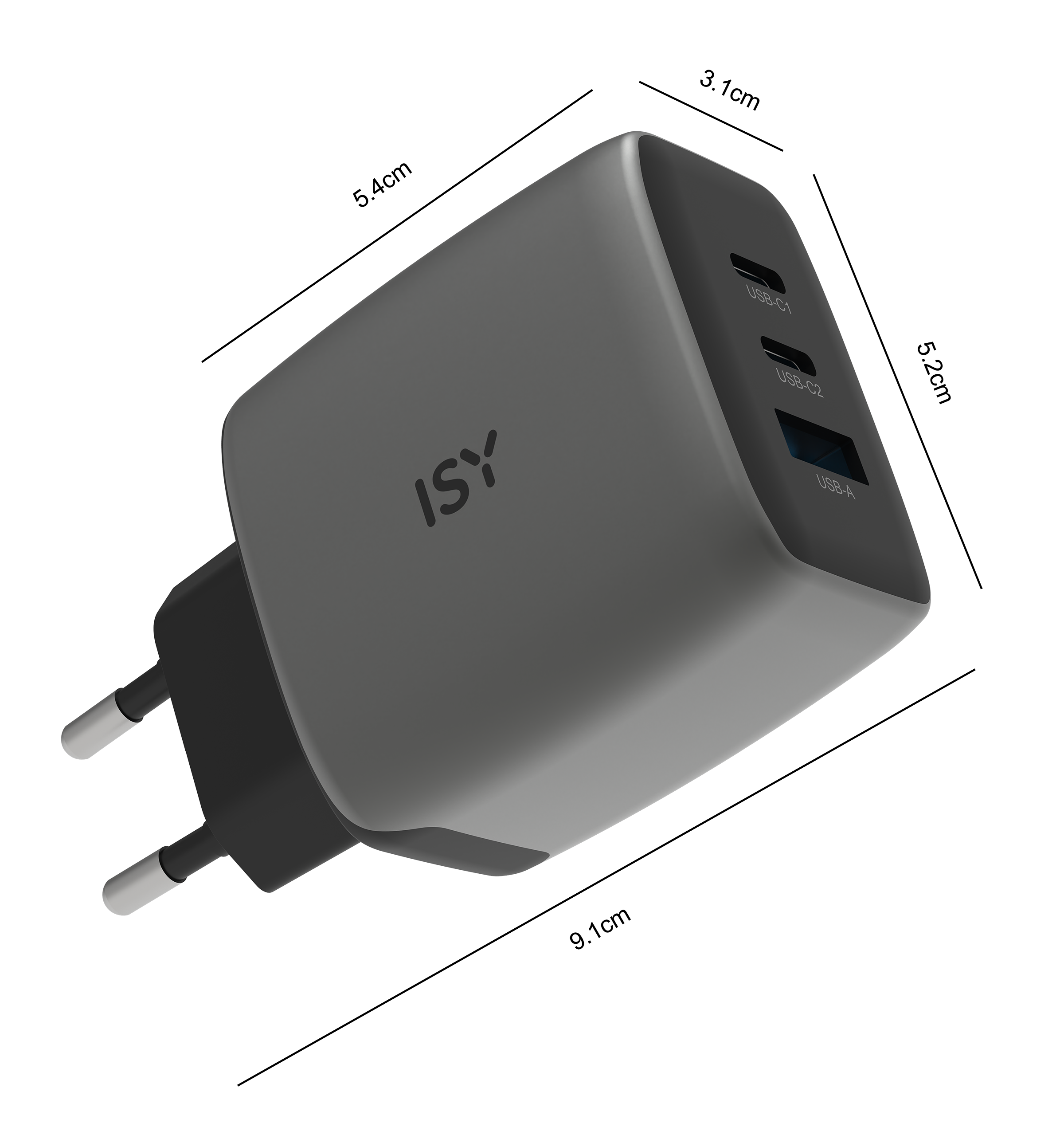 Szary adapter sieciowy ISY z dwoma portami USB-C i jednym USB-A.