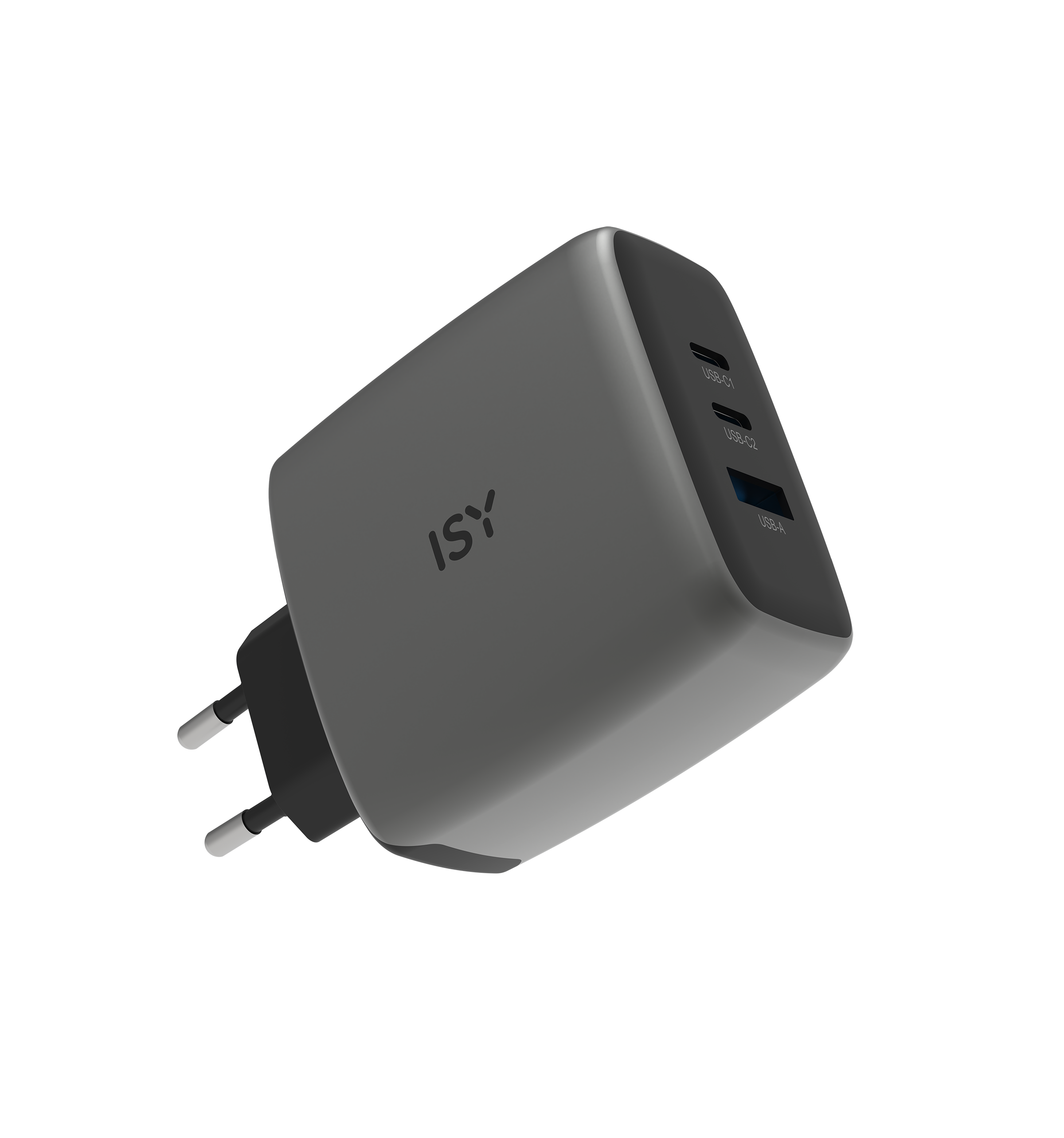 Szara ładowarka z trzema portami USB i dwoma bolcami.