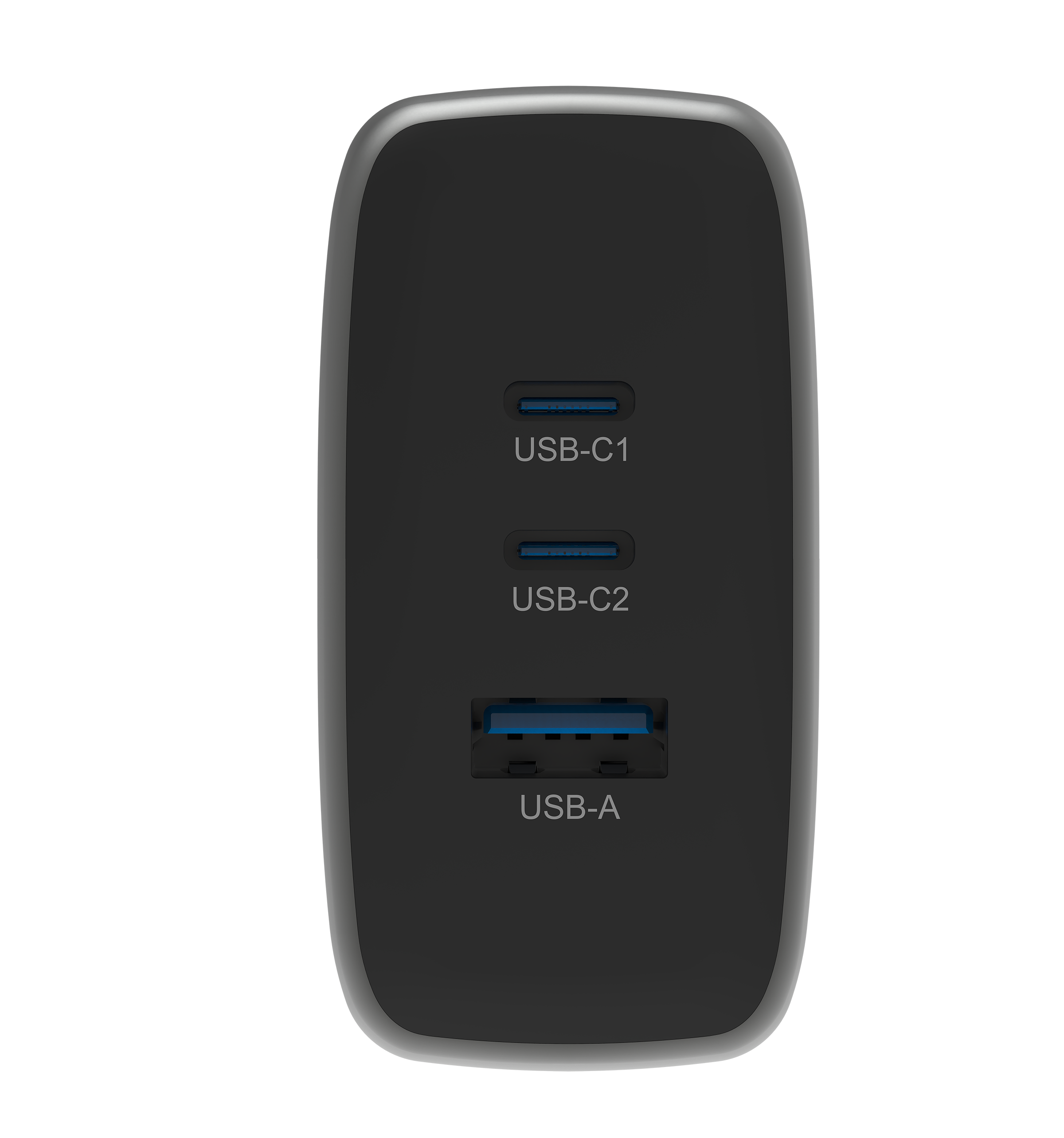 Czarna ładowarka z dwoma portami USB-C i jednym portem USB-A.