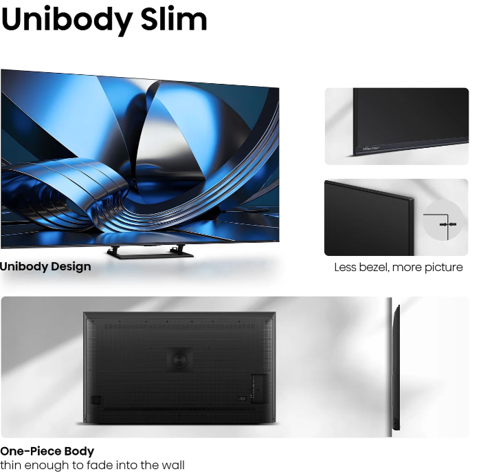 Schlankes Unibody-Design eines Fernsehers mit schmalem Rahmen und Rückansicht.