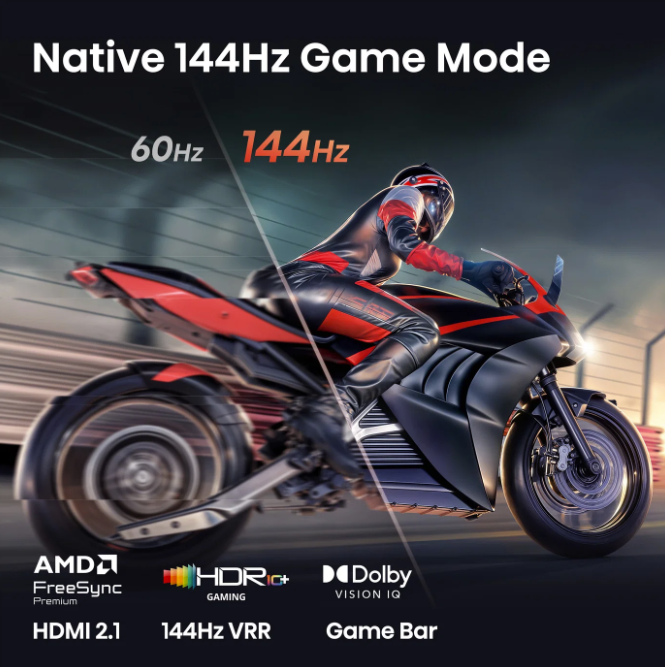 Motorradfahrer in rot-schwarzer Kleidung auf Rennrad, Text hebt 144Hz Game Mode hervor.