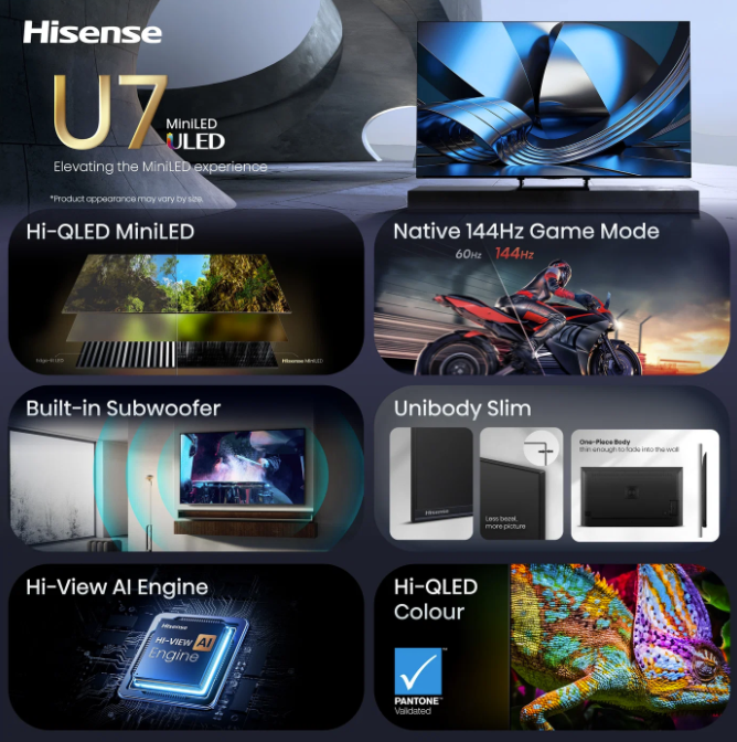 Hisense U7 MiniLED ULED TV-Werbung mit Szenen von Natur, Motorradrennen, Design und Chamäleon.