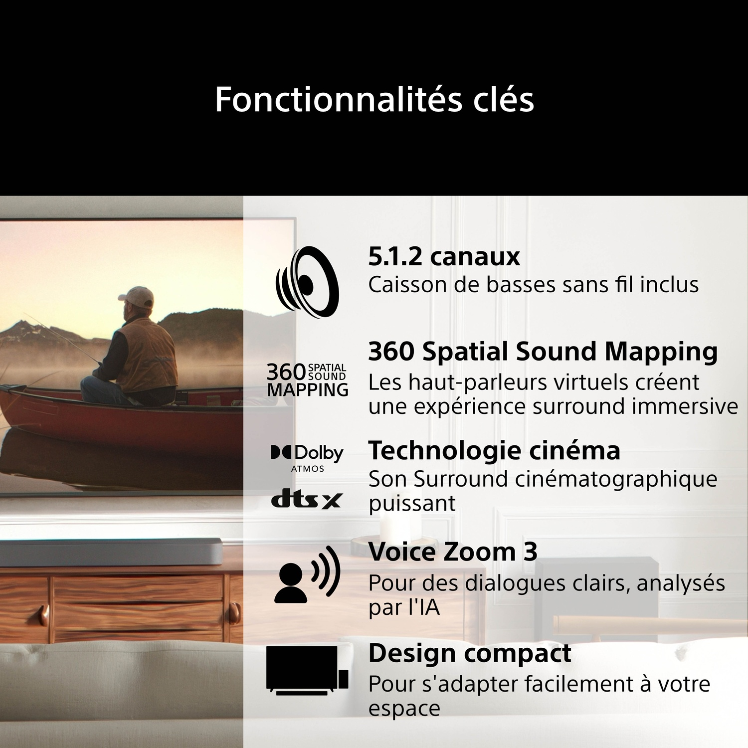 Un homme dans un bateau pêchant, avec du texte sur les fonctionnalités audio.