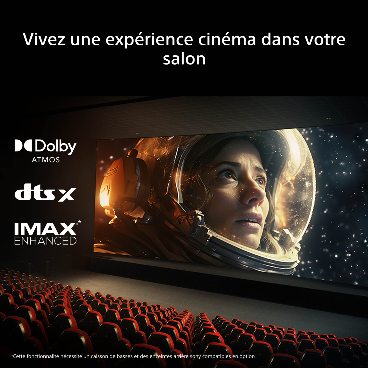 Salle de cinéma avec Dolby Atmos, DTS:X, IMAX Enhanced. Astronaute à l'écran.