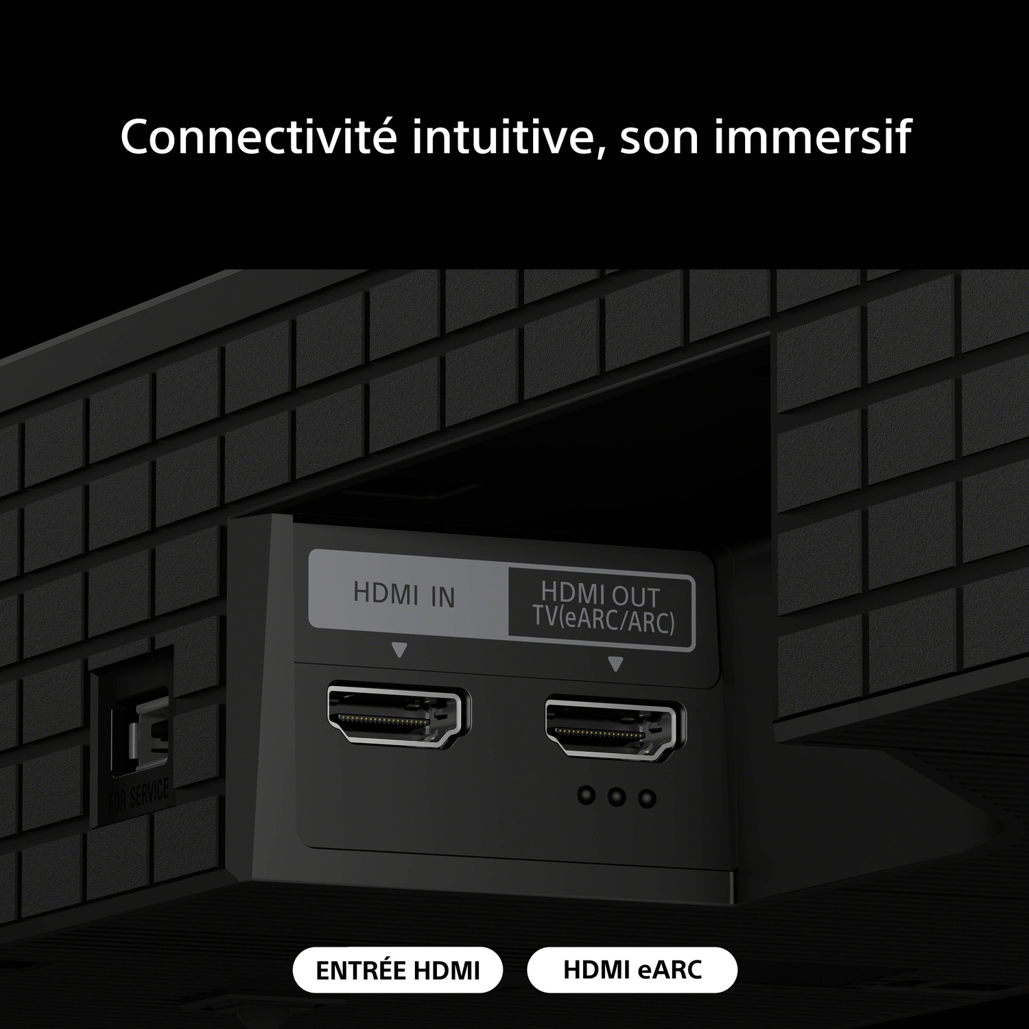 Gros plan des ports HDMI étiquetés 'HDMI IN' et 'HDMI OUT TV(eARC/ARC)'.