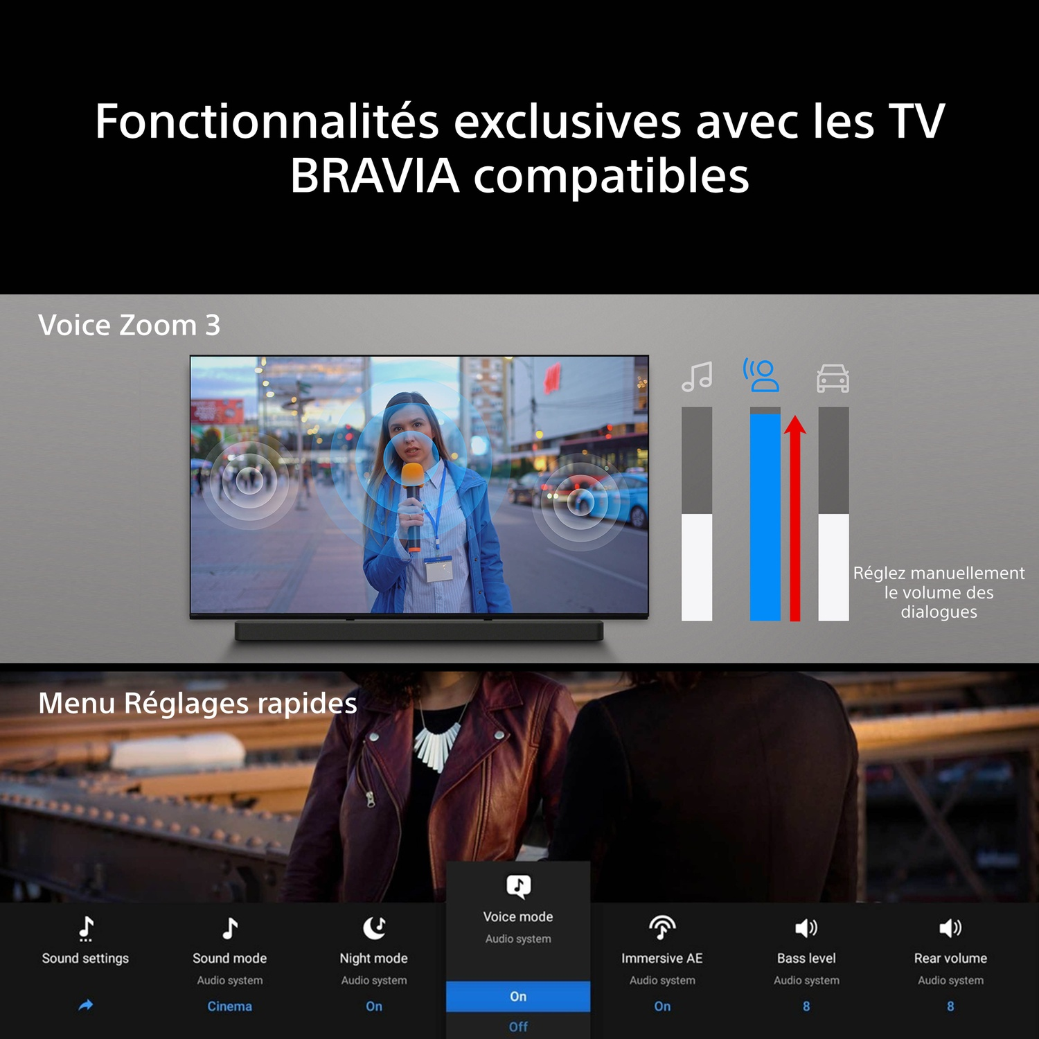 Écran TV affichant "Voice Zoom 3" avec menu de réglages. Graphiques montrant les niveaux audio.