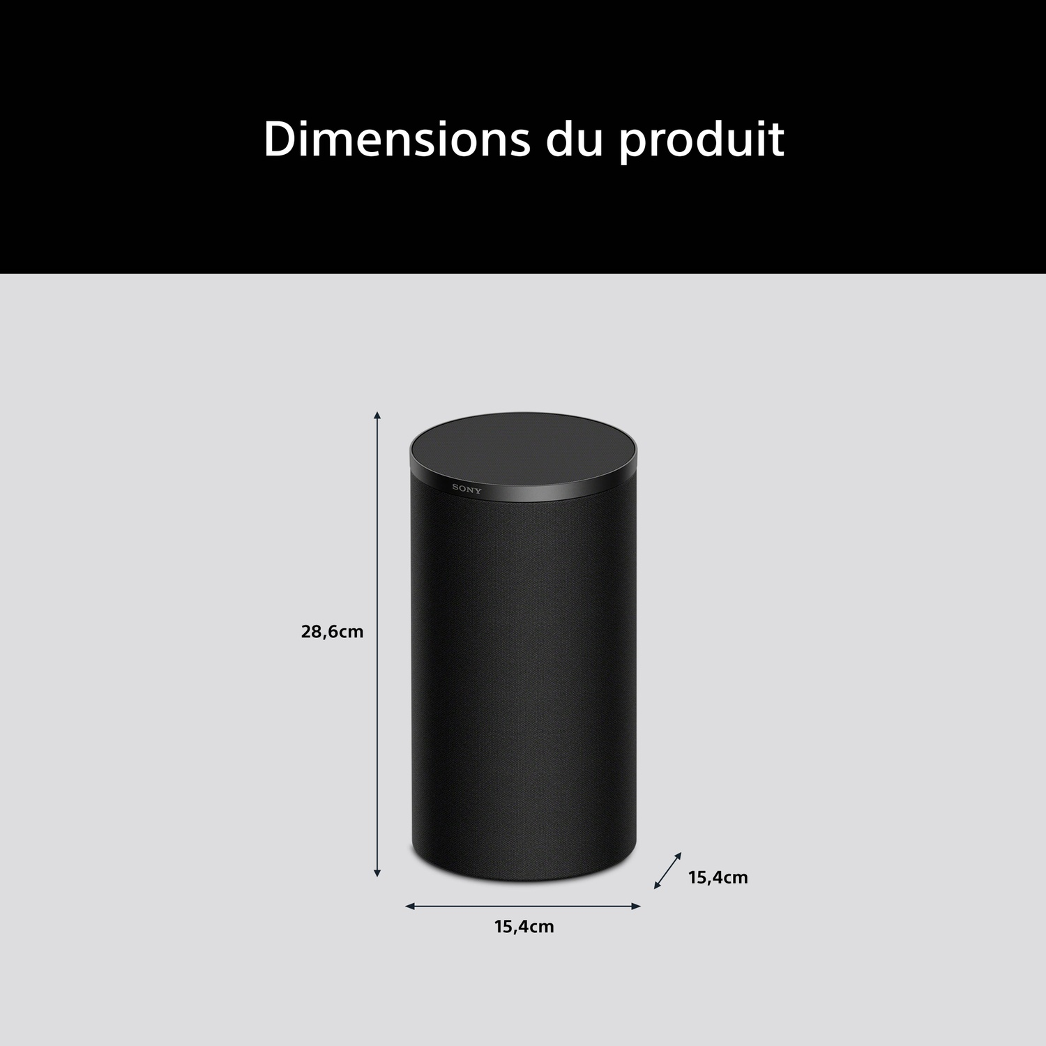 Haut-parleur cylindrique noir avec logo Sony. H: 28,6 cm, L: 15,4 cm.