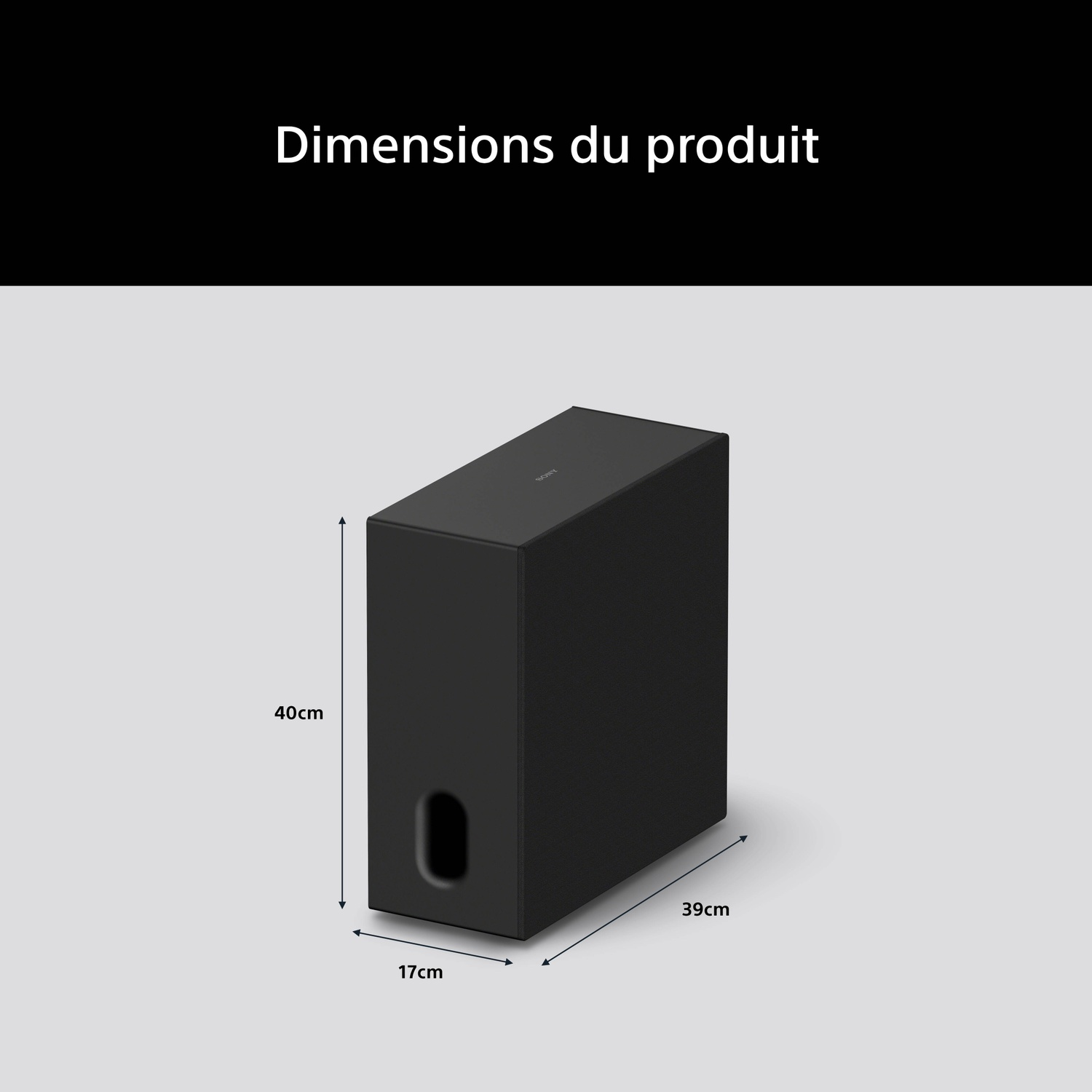 Subwoofer noir avec dimensions 40x39x17cm.