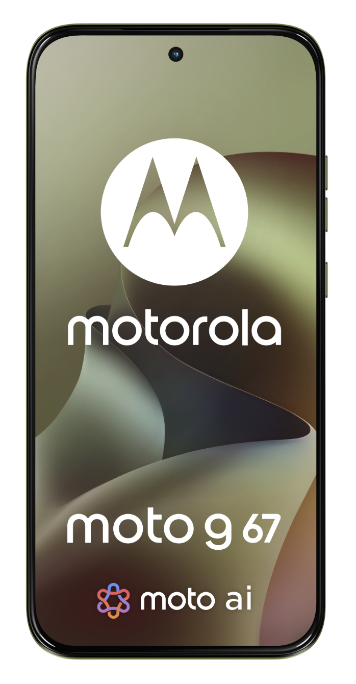 Logo Motoroli, tekst 'motorola moto g 67' i 'moto ai' na ekranie telefonu.