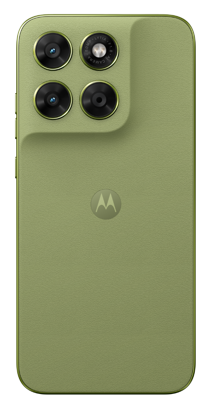 Zielony smartfon z czterema aparatami i logo Motoroli.