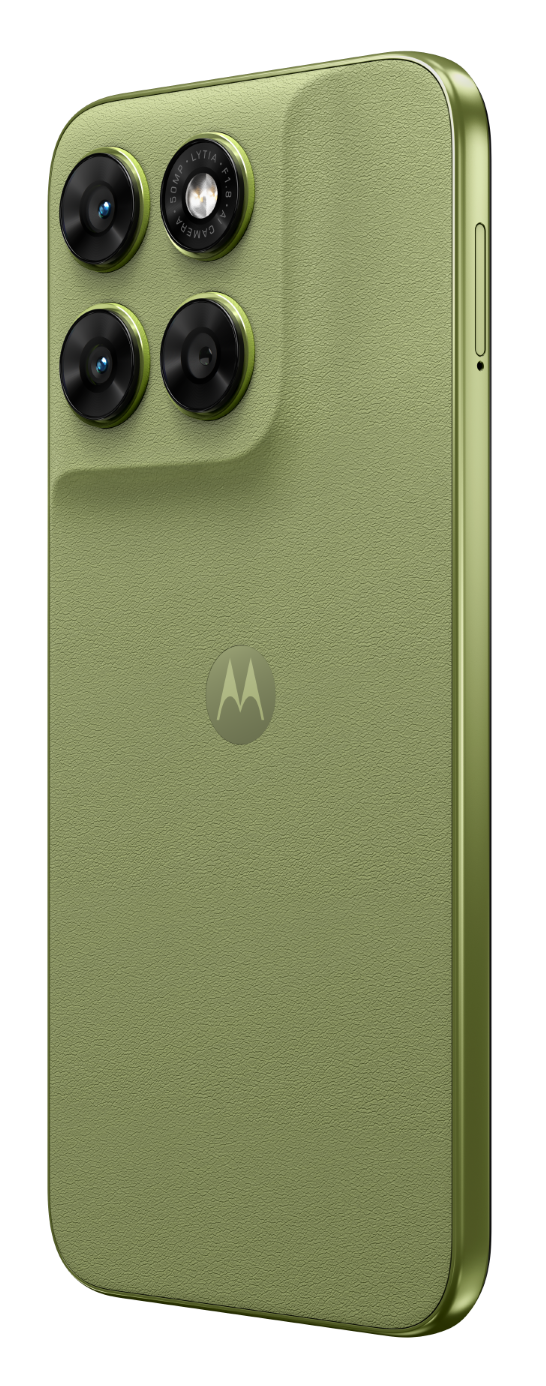 Zielony smartfon z czterema aparatami i logo Motorola.