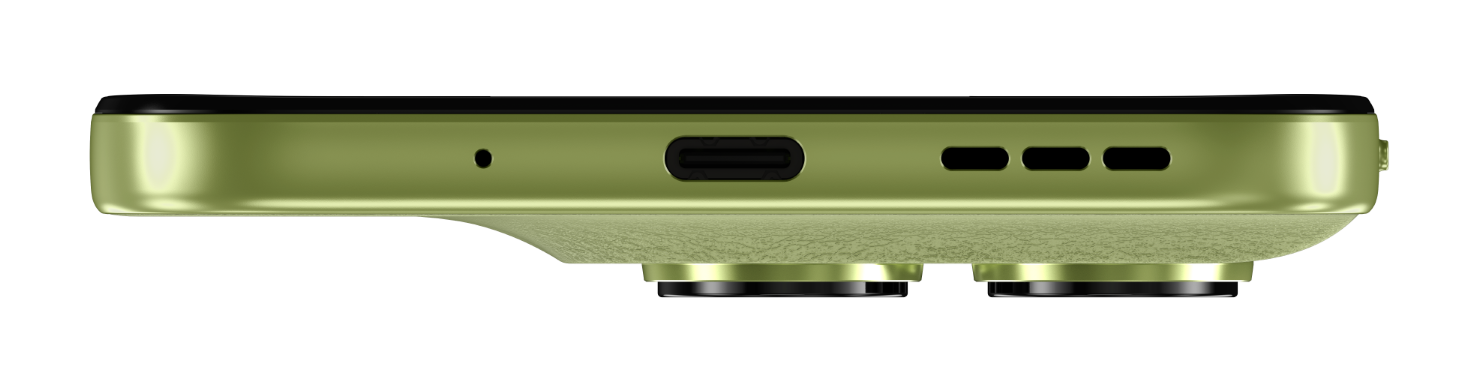 Zielony smartfon z portem USB-C, grillami głośników i obiektywami aparatów.