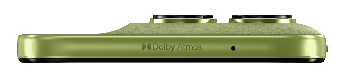 Zielony telefon z logo Dolby Atmos i dwoma aparatami na czarnym tle.