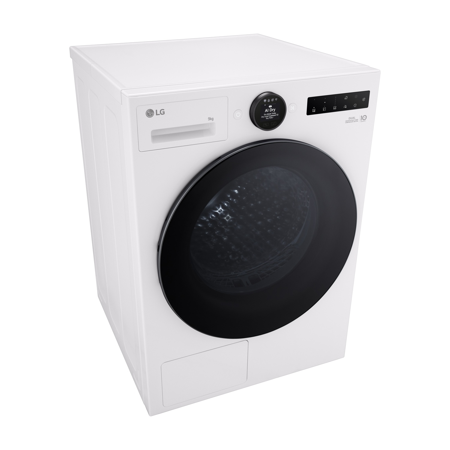 Lavatrice LG bianca con oblò circolare nero e display digitale.