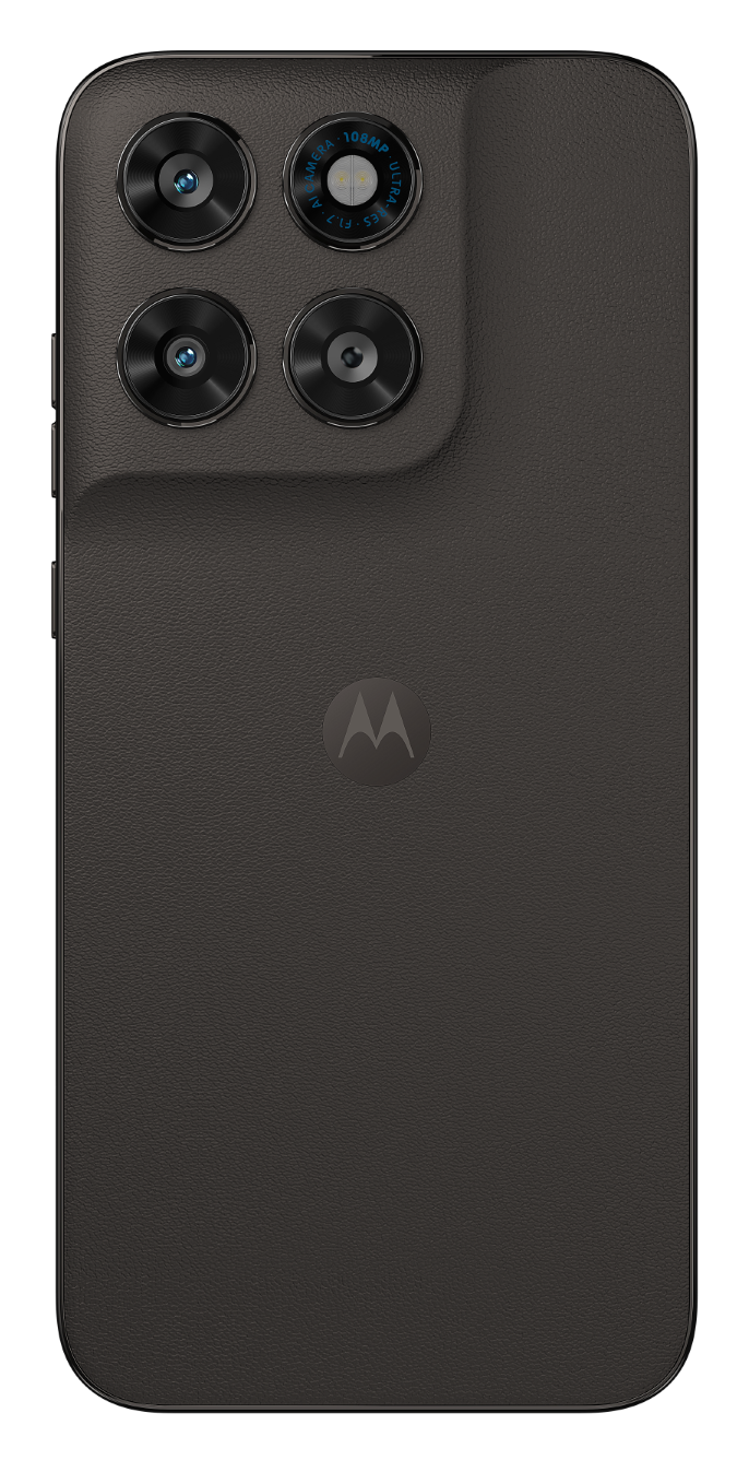 Tył ciemnego smartfona z czterema aparatami i logo Motoroli.