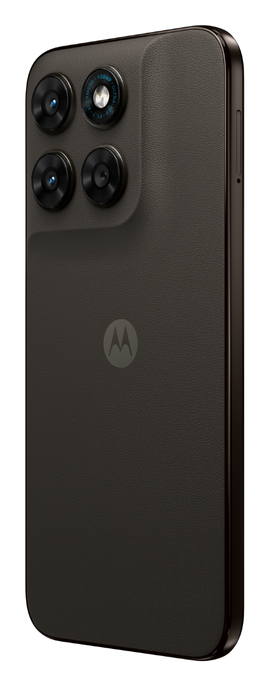 Tył ciemnego smartfona Motorola z czterema aparatami i logo M.