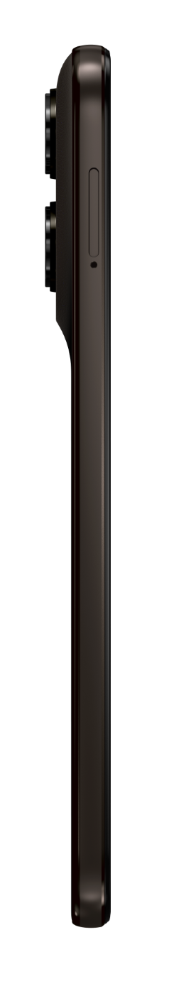 Ciemnoszary smartfon z boku, z obiektywami aparatu i przyciskiem.