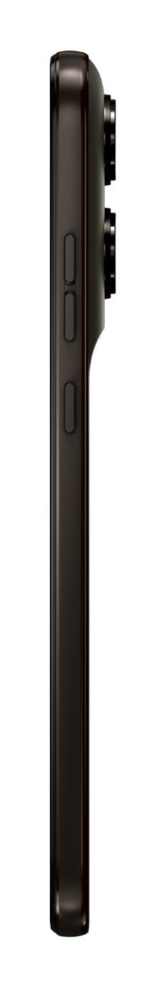 Ciemnoszary smartfon w profilu z trzema obiektywami i przyciskami bocznymi.