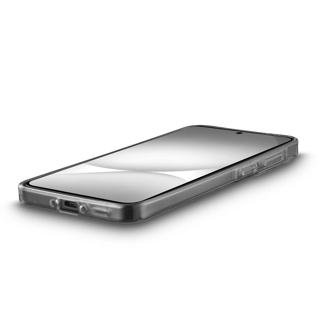 Ein transparenter Handyhülle schützt ein Smartphone, das auf weißem Hintergrund liegt.
