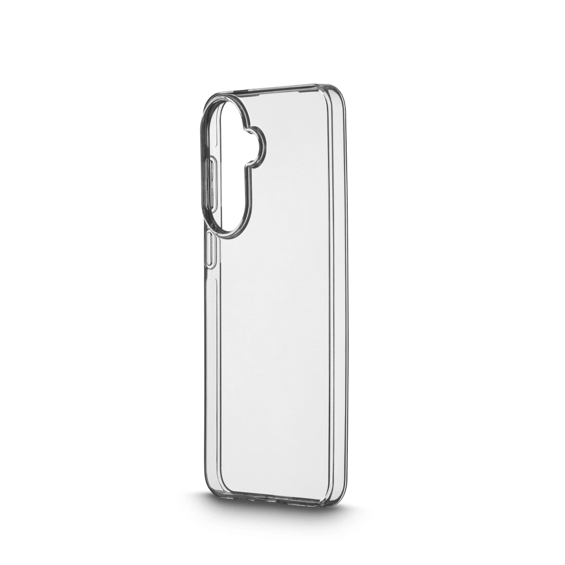 Eine transparente Handyhülle liegt auf einem weißen Hintergrund.