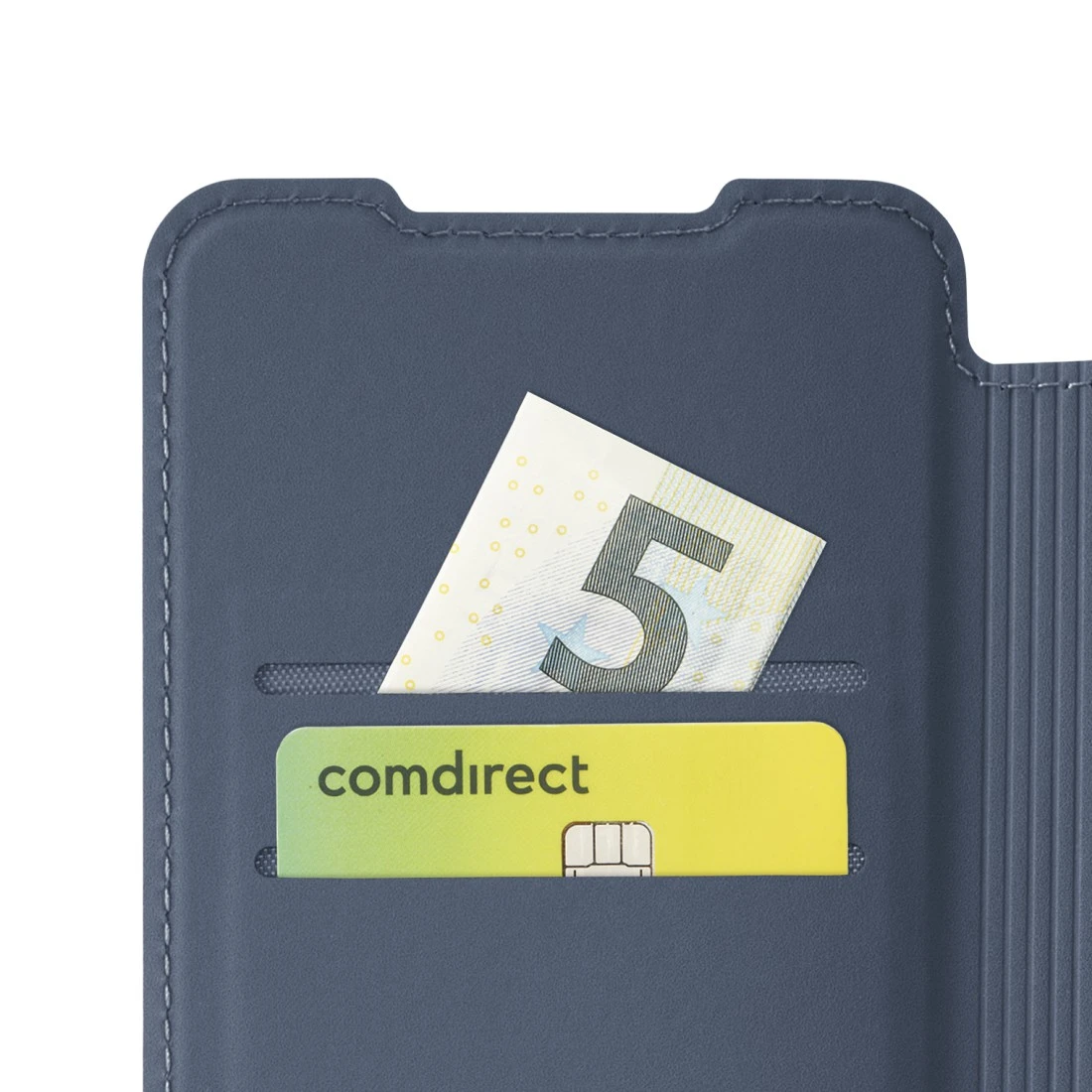 Ein 5-Euro-Schein und eine Comdirect-Karte in einer blauen Hülle.