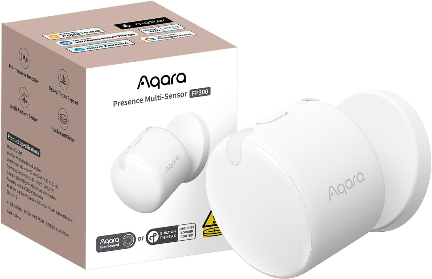 Fehér Aqara FP300 jelenlét érzékelő doboz és érzékelő. Támogatja a Matter, Thread, Zigbee.