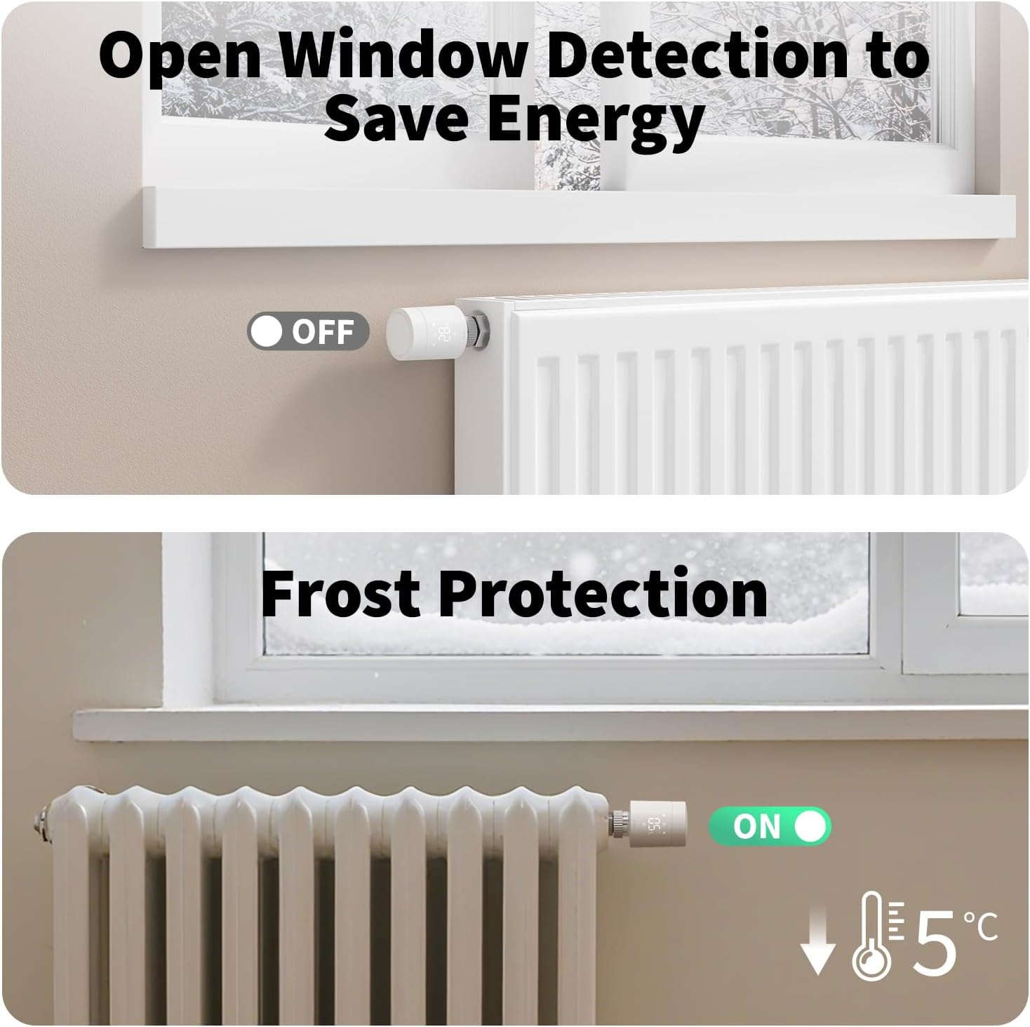 Felső: Radiátor szelep KI, ablak ikon. Alsó: Szelep BE, fagyvédelem, 5°C.