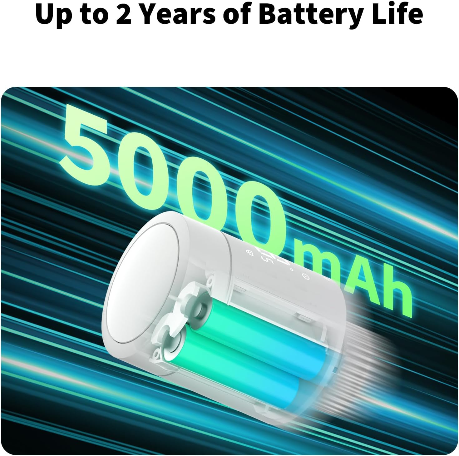5000 mAh akkumulátor akár 2 év élettartammal, kék-zöld háttér.