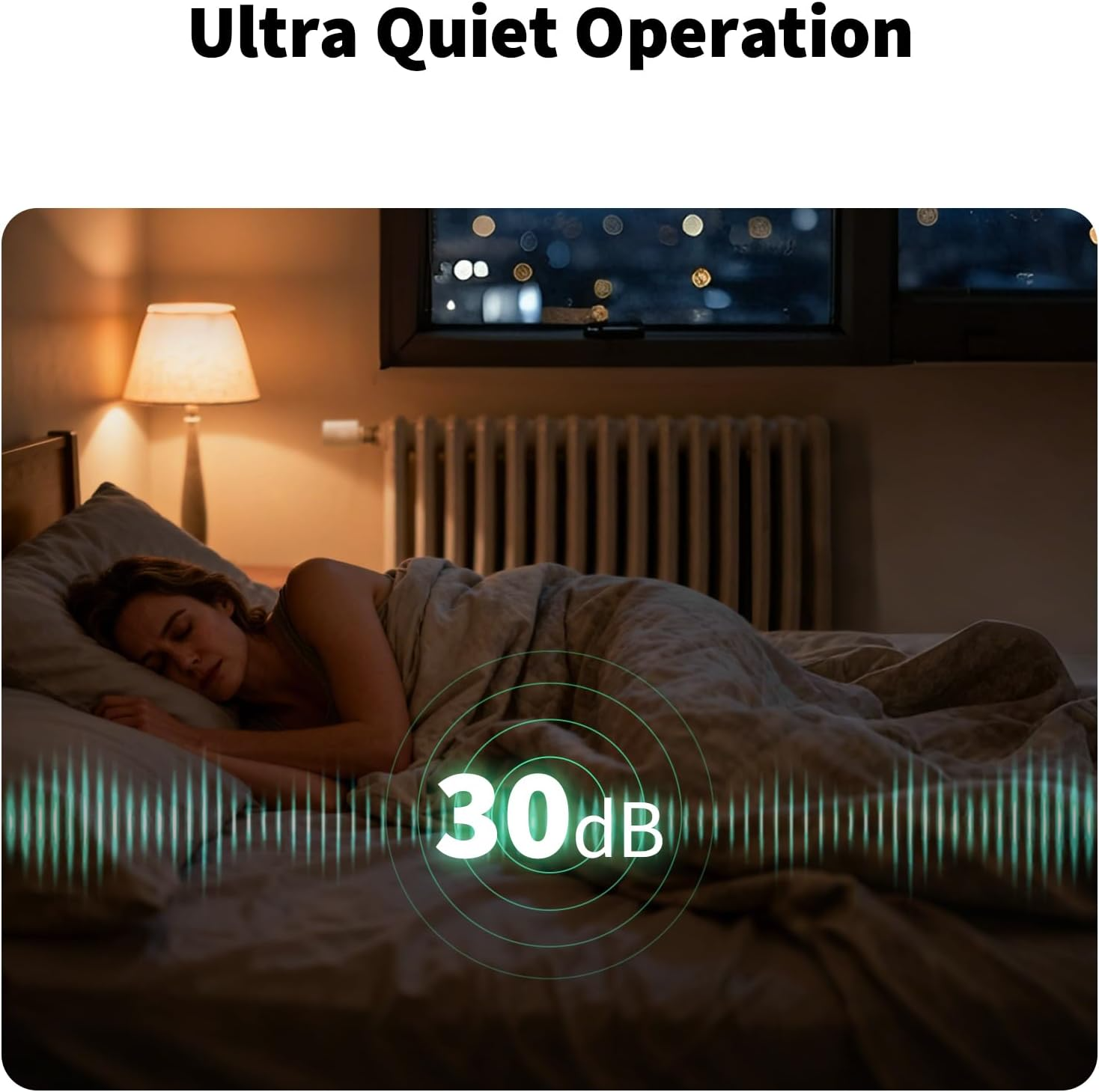 Nő alszik az ágyban, 30dB zajszint kijelző, éjjeli lámpa és ablak a háttérben.