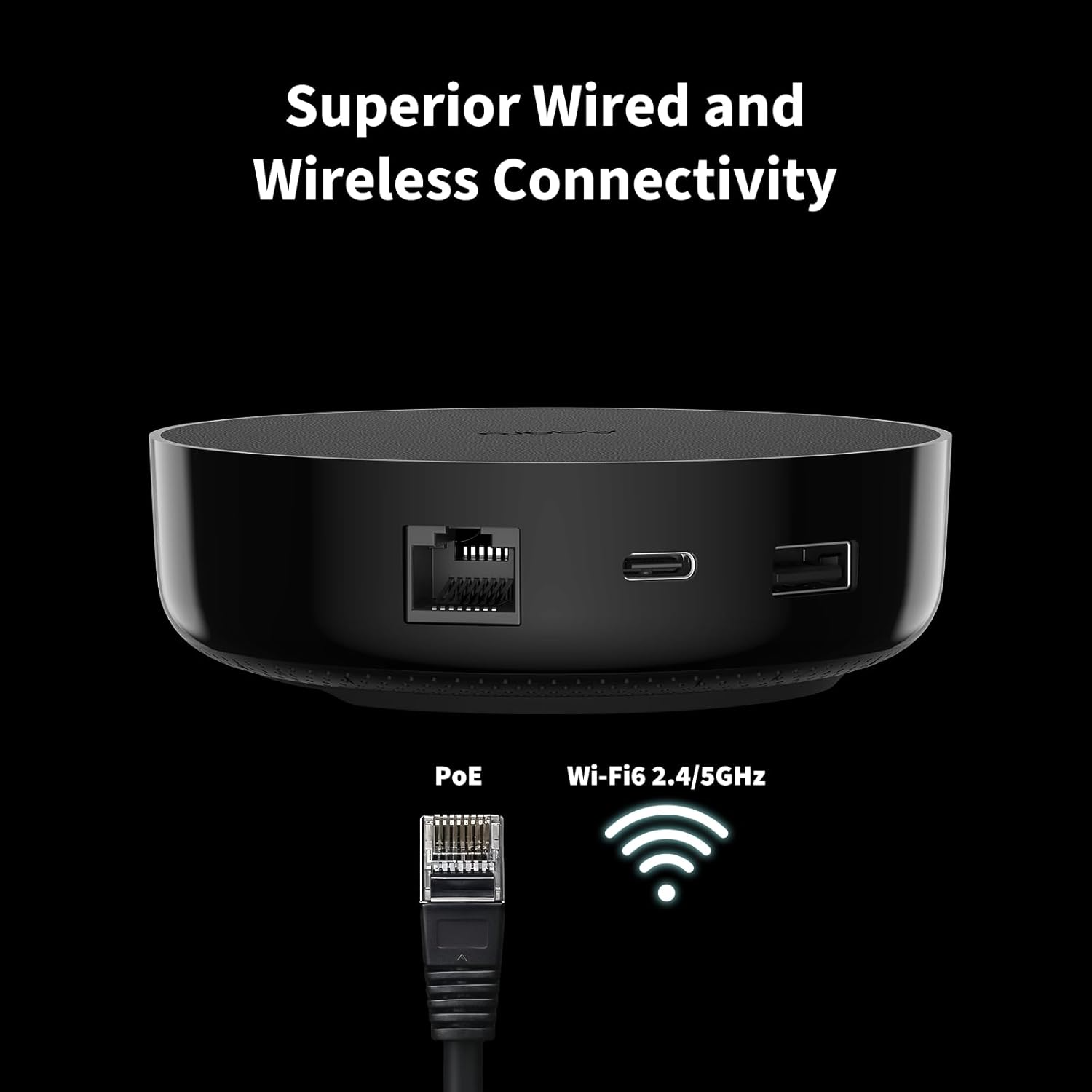Fekete, kerek router portokkal és Wi-Fi 6 szimbólummal.