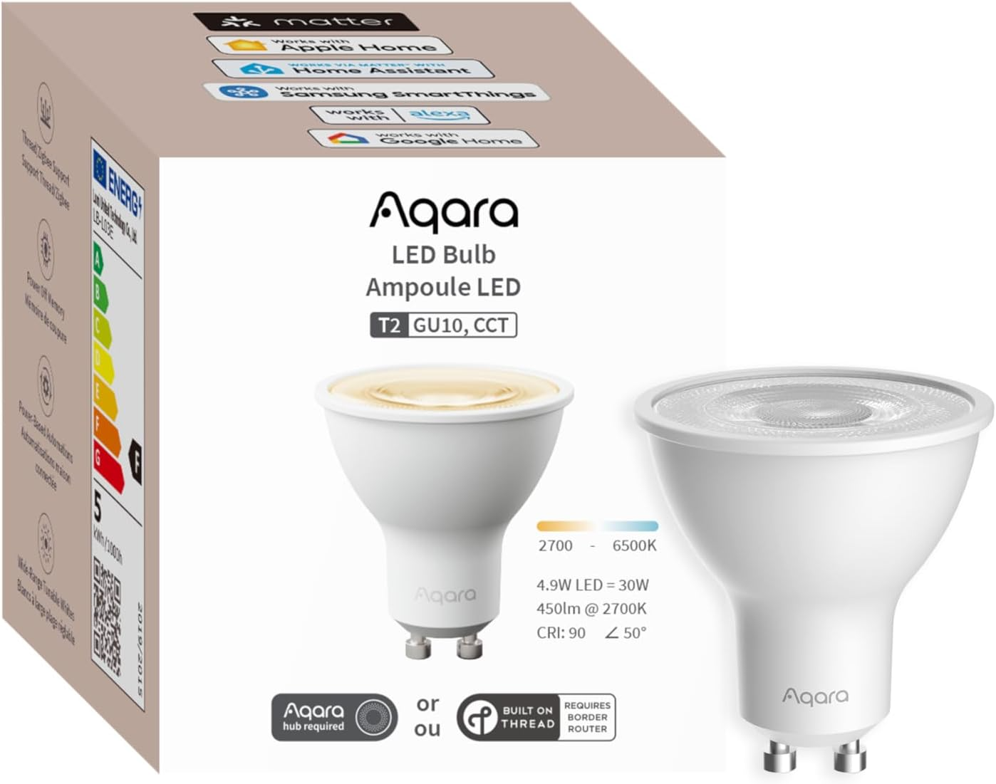 Aqara LED-izzó GU10, CCT, energiahatékonysági címkével. Két izzó látható.