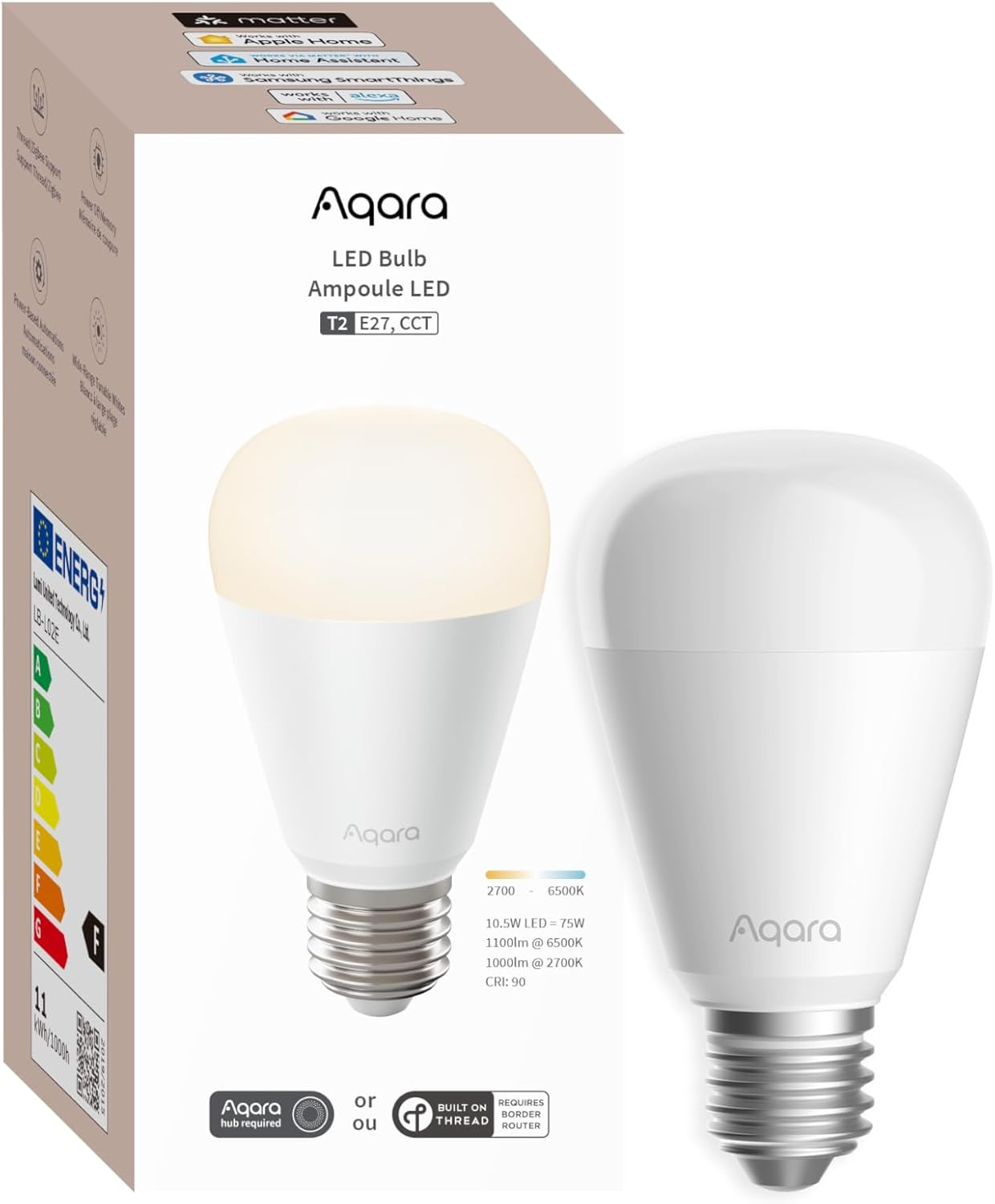 Aqara LED izzó, E27-es foglalattal, kompatibilis Matter, HomeKit, Alexa, Google Home.