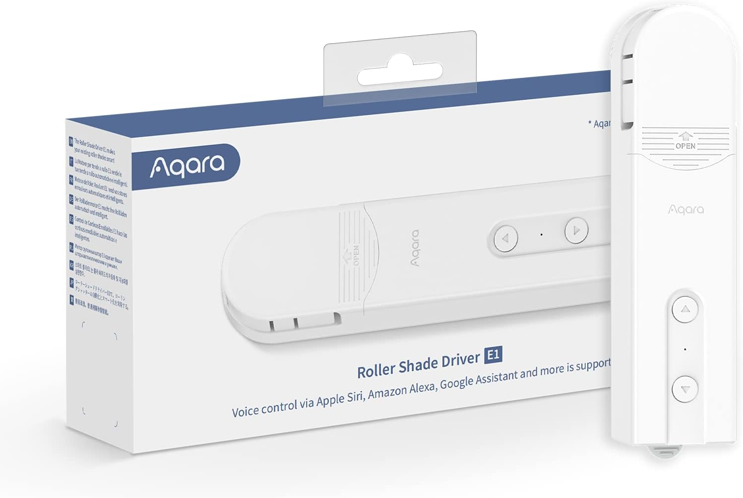 Fehér Aqara Roller Shade Driver E1 doboz, mellette fehér készülék.