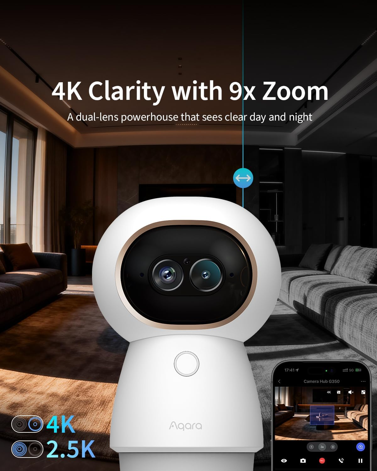Fehér, kétlencsés kamera, '4K Clarity with 9x Zoom' felirattal.