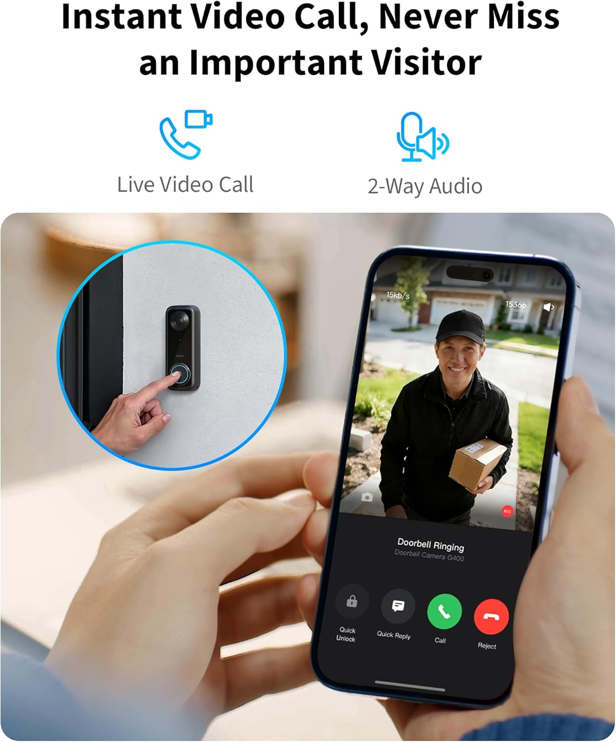 Férfi csomaggal a telefon képernyőjén, ajtócsengő és kéz érinti.