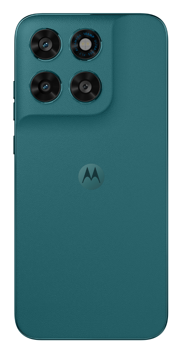 Tył turkusowego smartfona z czterema aparatami i logo Motorola.