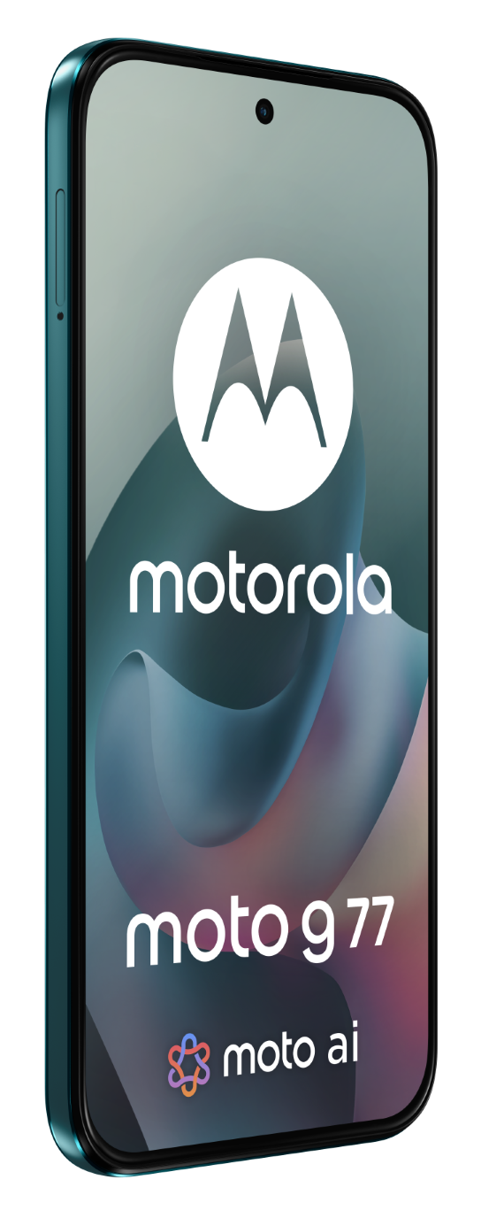 Turkusowy telefon Motorola wyświetla logo i napis 'moto g 77'.