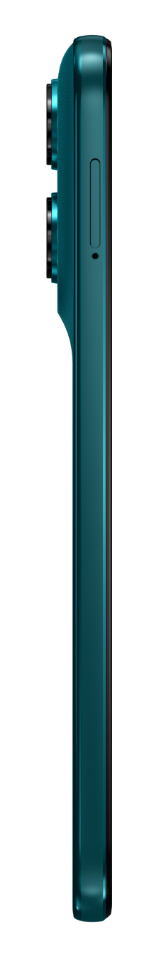 Widok z boku turkusowego smartfona z modułem aparatu i przyciskami bocznymi.
